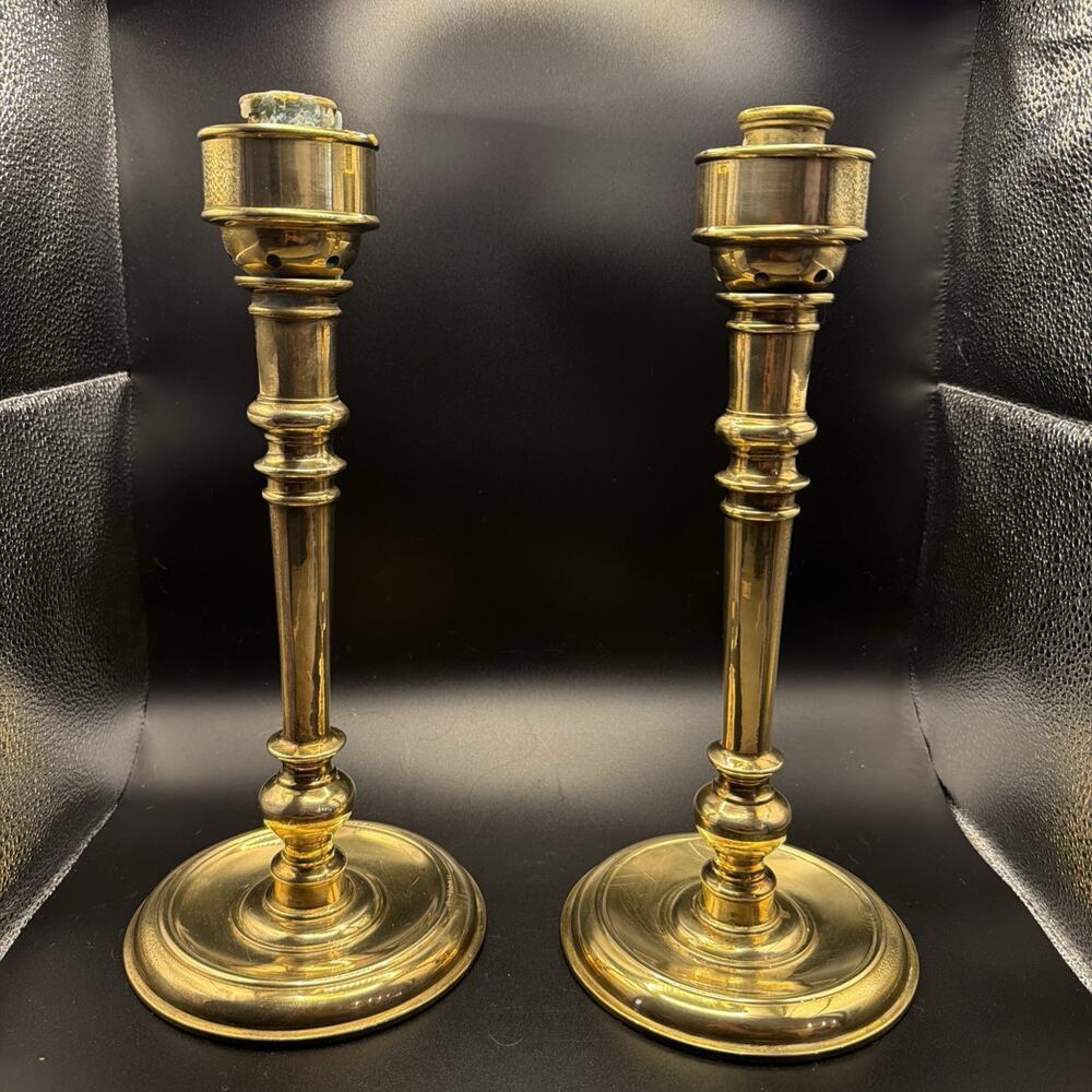 Pair Of Large 12” Brass Tapered Candlestick Holders MCM